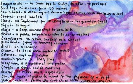 Watercolor of D words by Lynne Sachs