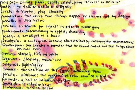 Watercolor of words beginning with F by Lynne Sachs